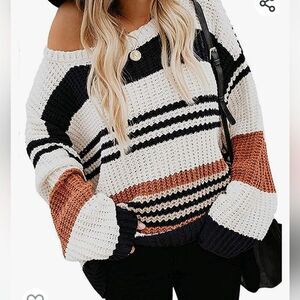 Zesica Long Sleeve Crew Neck Striped Color Block Casual Loose Knit Sweater M
